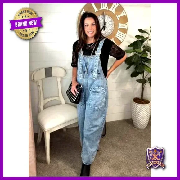 Women's Loose Fit Denim Overalls with Cargo Pockets Wide Leg Jumpsuit